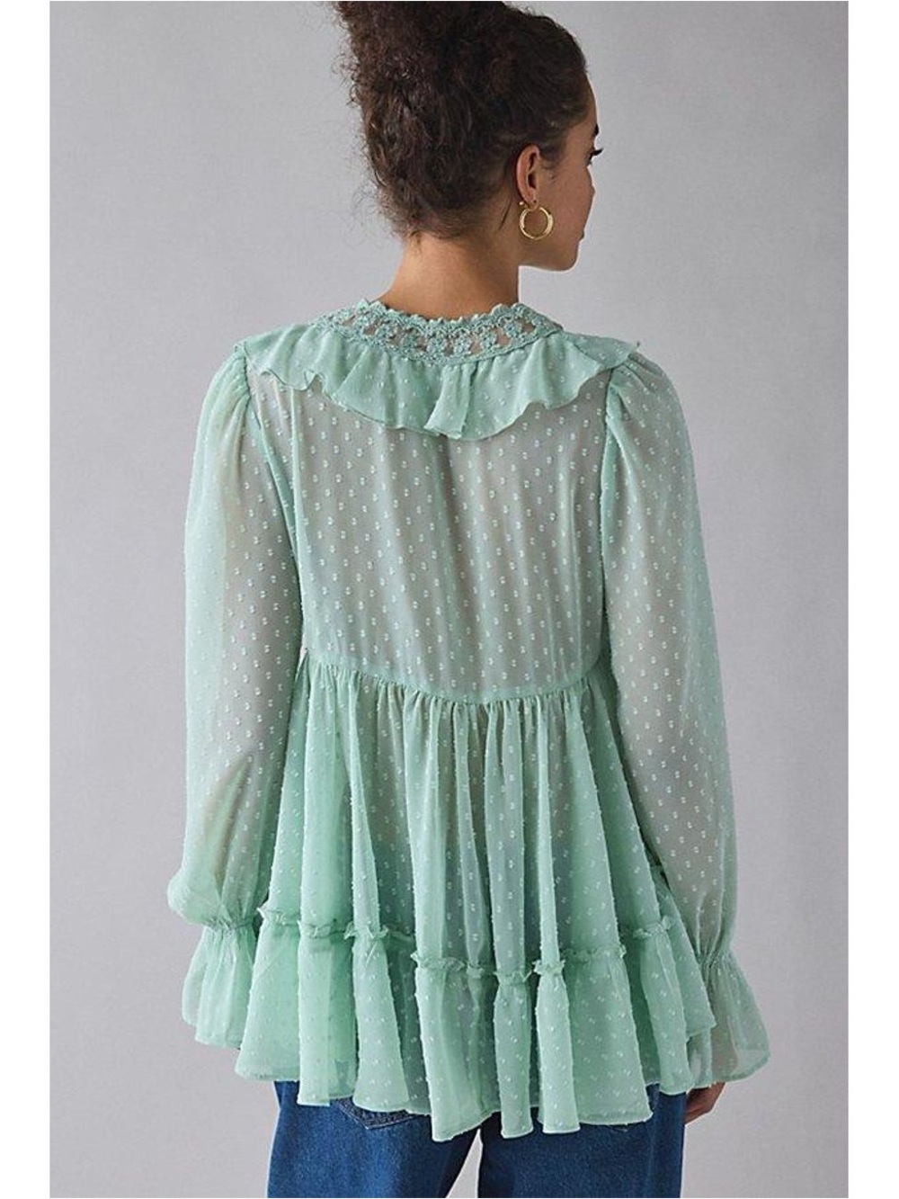 Kimchi Blue Mint Sheer Swiss Dot Ruffle Tie-Front Babydoll Top - Picture 11 of 12